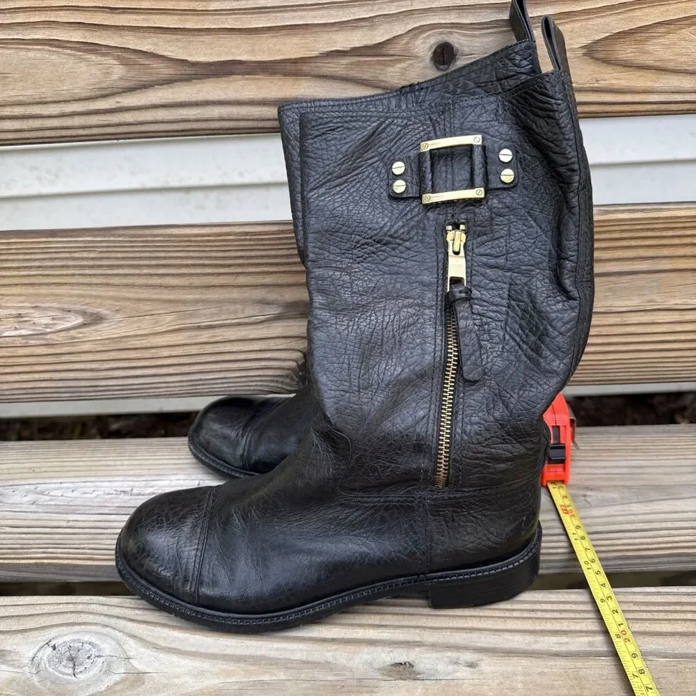 Tory Burch Black Leather Mid Calf Riding Boots Gold Zip Buckle Women’s Size 8.5M